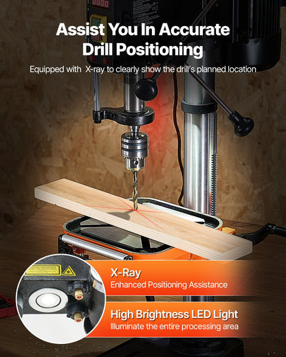 304,8 mm bänkborrpress, 750 W, 340–2200 varv/min bänkborrpress med variabel hastighet, med 0–45° lutbart arbetsbord, LED-arbetslampa, röntgenpositionering, bordsborrmaskin för trä och metall