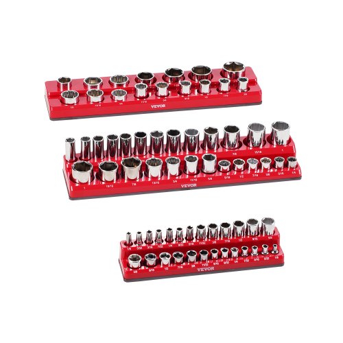 Magnetisk hylshållare, 3 delar magnetiska hylshållare, 1/4'', 3/8'' och 1/2'' SAE-hylshållarbrickor med tydliga etiketter, Rymmer upp till 68 delar standard- och djupa hylsor, Röda (hylsor ingår ej)