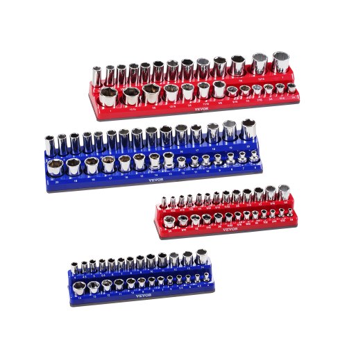 Magnetisk hylshållare, 4 delar magnetiska hylshållare, 1/4'' och 3/8'' metriska SAE-hylshållarbrickor med tydliga etiketter, rymmer upp till 108 delar standard- och djupa hylsor, blå och röda (hylsor ingår ej)