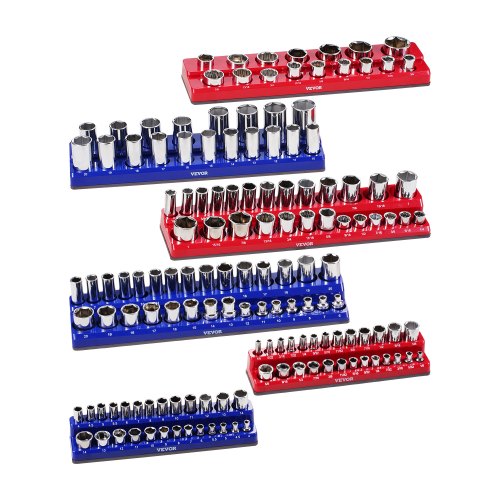 Magnetisk hylshållare, 6 delar hylshållare, 1/4'', 3/8'' och 1/2'' metriska SAE-hylshållarbrickor med tydliga etiketter, rymmer upp till 143 delar standard- och djupa hylsor, blå och röda (hylsor ingår ej)