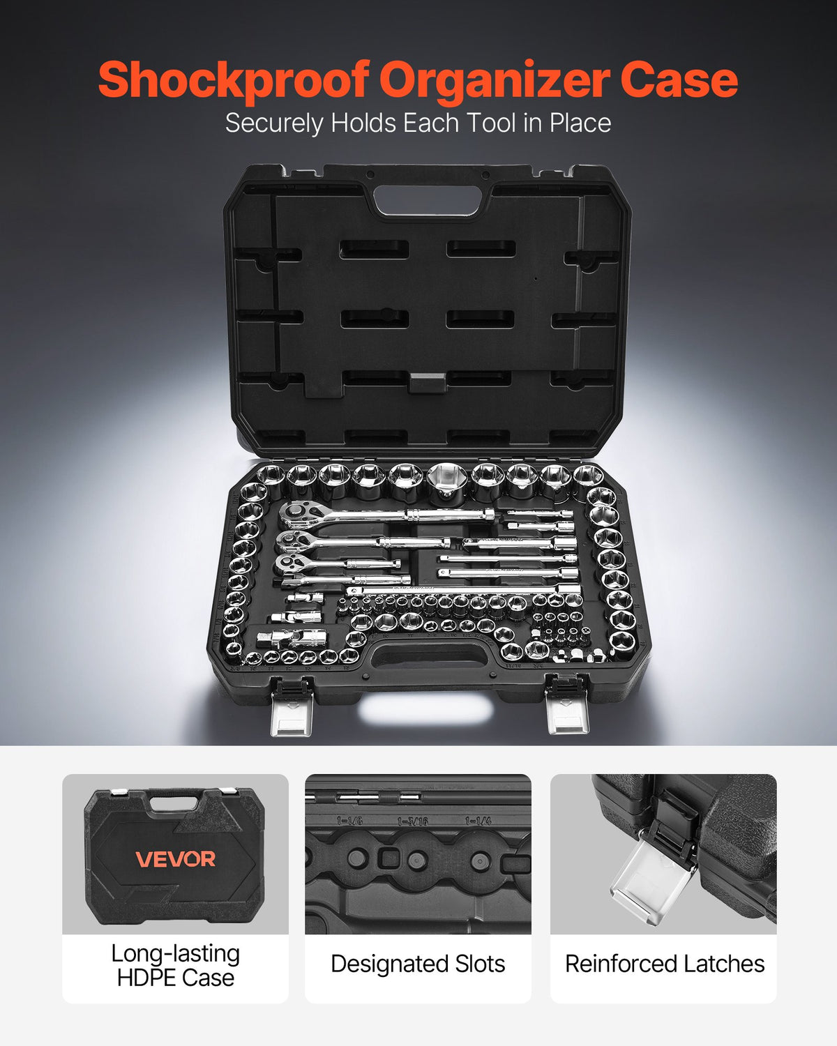 Socket Set, 86 Pieces, 9.5 & 6.4 & 12.7 mm Drive Socket and Ratchet Set, SAE and Metric, Mechanic Tool Kit with Ratchet Wrench, Accessories and Storage Case, CR-V Alloy Steel, for Auto Repair