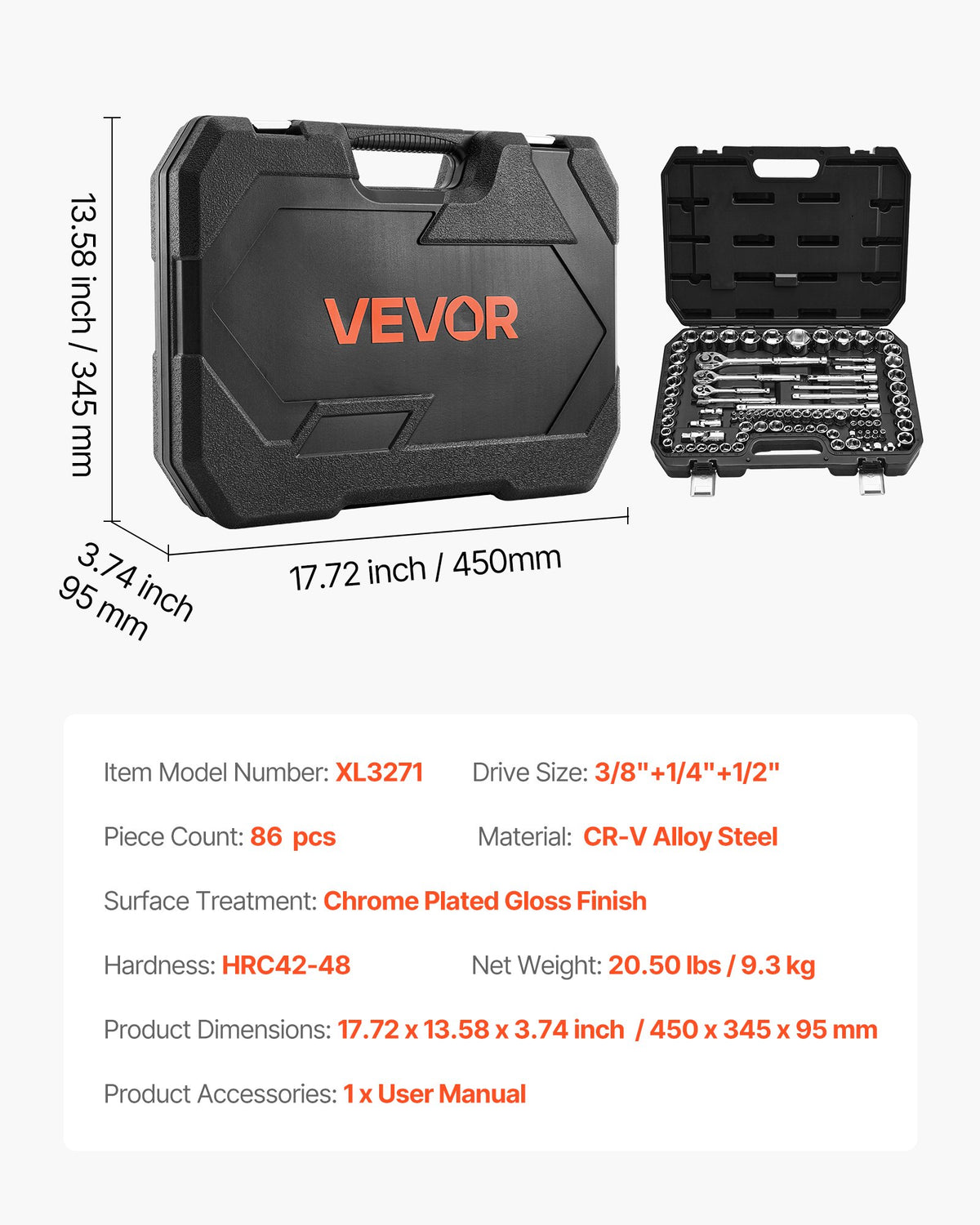 Socket Set, 86 Pieces, 9.5 & 6.4 & 12.7 mm Drive Socket and Ratchet Set, SAE and Metric, Mechanic Tool Kit with Ratchet Wrench, Accessories and Storage Case, CR-V Alloy Steel, for Auto Repair