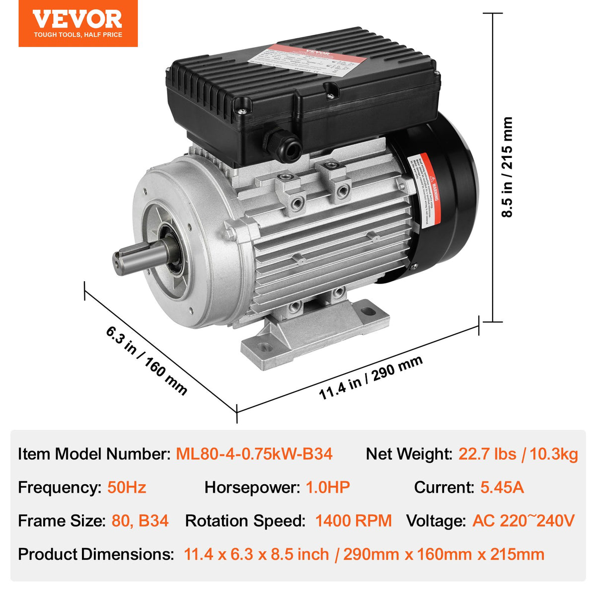 0,75 kW elmotor 1400 rpm, AC 220~240 V 5,45 A, 80, B34-ram, luftkompressormotor enfas, 19 mm kilaxel, medurs/moturs rotation för jordbruksmaskiner och allmän utrustning