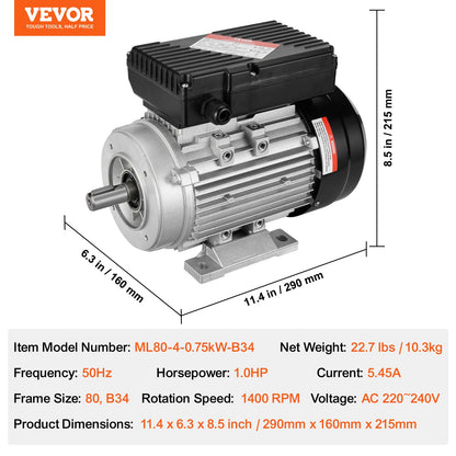0,75 kW elmotor 1400 rpm, AC 220~240 V 5,45 A, 80, B34-ram, luftkompressormotor enfas, 19 mm kilaxel, medurs/moturs rotation för jordbruksmaskiner och allmän utrustning