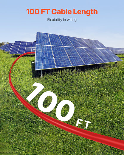 30,48 m/100 fot förlängningskabel för solpaneler, 6 mm²/10 AWG förlängningskabel för solpaneler, 6 mm² IP67 vattentät PV-kabel för solpaneler i hemmet, på fartyg och husbilar, röd