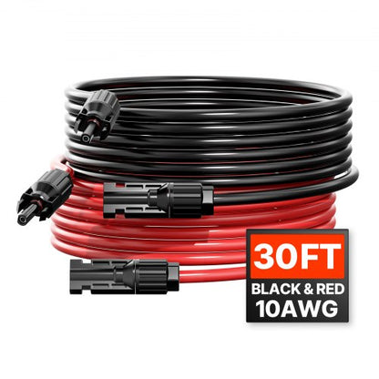 9,14 m/30 fot förlängningskabel för solpaneler, 6 mm²/10 AWG förlängningskabel för solpaneler med vattentäta hon- och hankontakter, 6 mm² PV-kabel för solpaneler i hemmet, på fartyg och husbilar, 9,14 m/30 fot svart + 9,14 m/30 fot röd (set om 2)