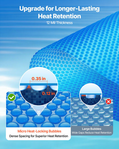 Solar Pool Cover, 4.57 m Round Pool Bubble Cover, 12 Mil Pools Solar Blanket with Bubble & PE Material, Daytime Heat Absorption, Nighttime Heat Retention, Heat Retaining Solars Covers, Blue