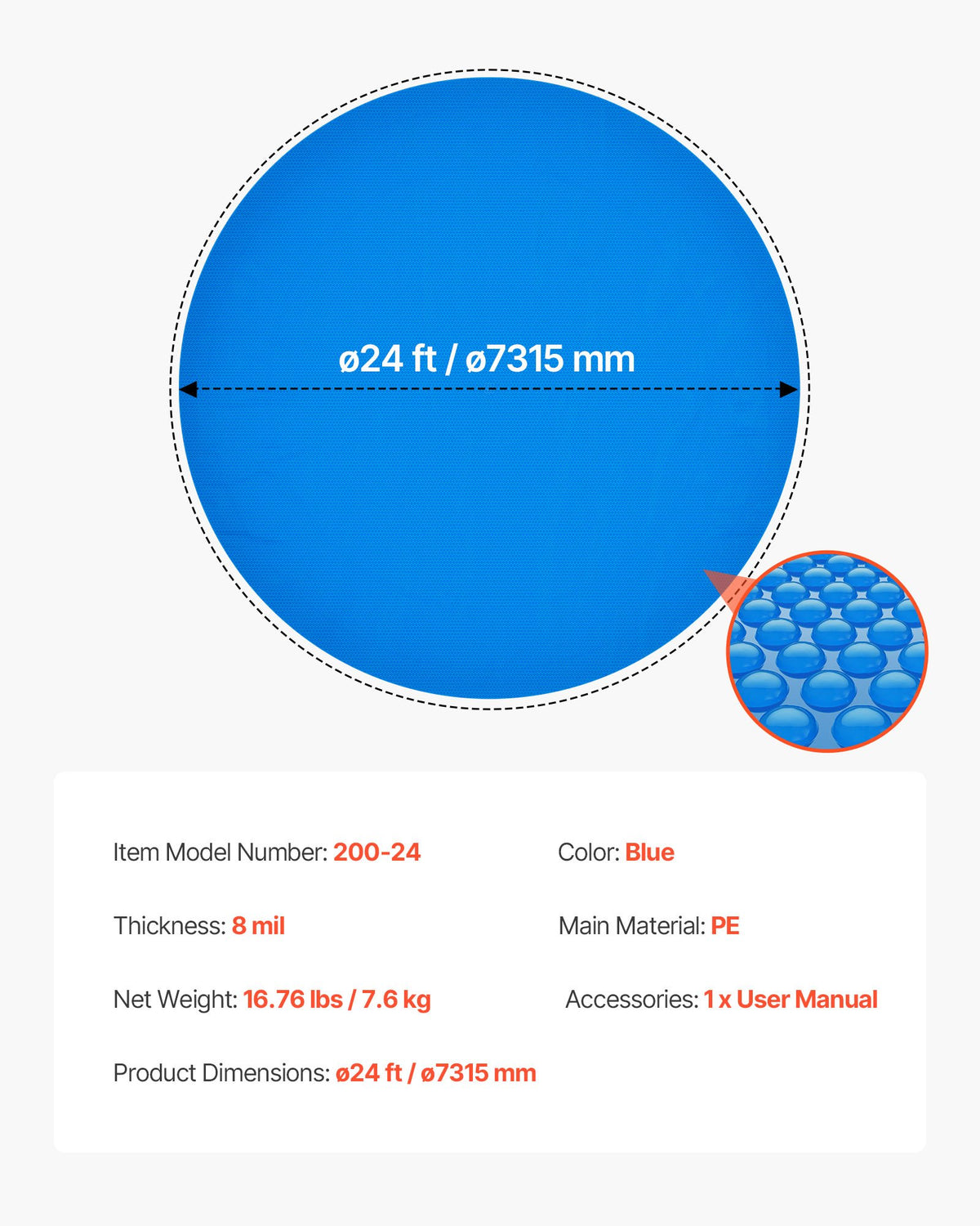 Solar Pool Cover, 7.32m Round Pool Bubble Cover, 8 Mil Pools Solar Blanket with Bubble & PE Material, Daytime Heat Absorption, Nighttime Heat Retention, Heat Retaining Solars Covers, Blue