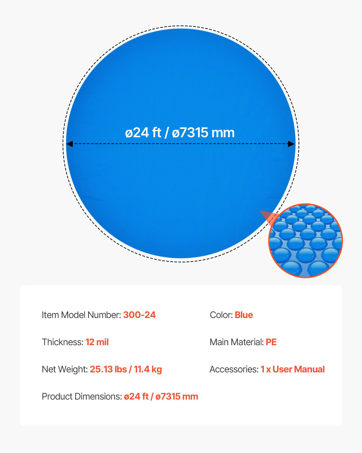 Solar Pool Cover, 7.32m Round Pool Bubble Cover, 12 Mil Pools Solar Blanket with Bubble & PE Material, Daytime Heat Absorption, Nighttime Heat Retention, Heat Retaining Solars Covers, Blue