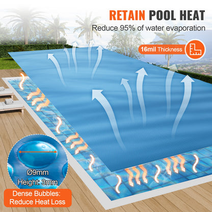 Solcellsskydd för pool, 28 x 14 fot rektangulärt solskydd för pooler, solcellsskydd för ovanmarkspool, 16 mil blått solskydd