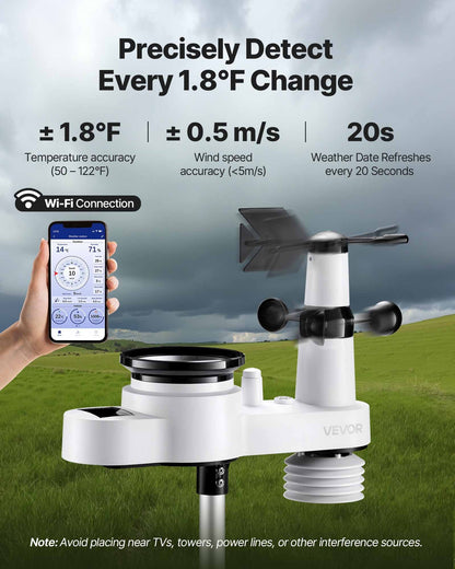 5-in-1 Wi-Fi Weather Station, 190.5 mm VA Display, Wireless Solar Powered Outdoor Sensor, Rain Gauge, Indoor Outdoor for Weather Forecast, Wind Speed Direction, Temperature, Humidity, Rainfall