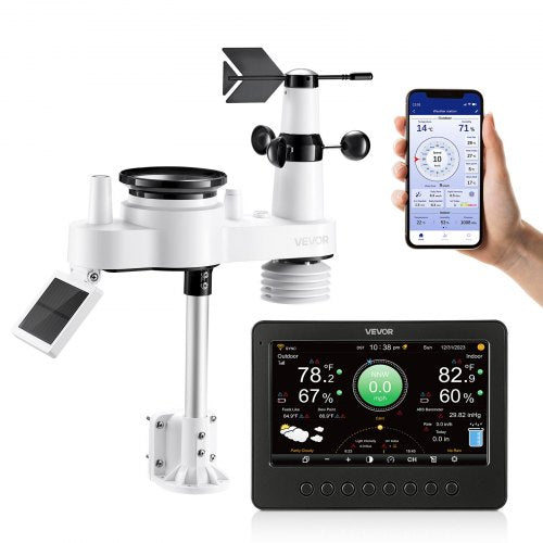 7-in-1 Wi-Fi Weather Station, 177.8 mm TFT Display, Wireless Solar Powered Outdoor Sensor, Rain Gauge, Indoor Outdoor for Weather Forecast, Wind Speed Direction, Temperature, Humidity, Rainfall