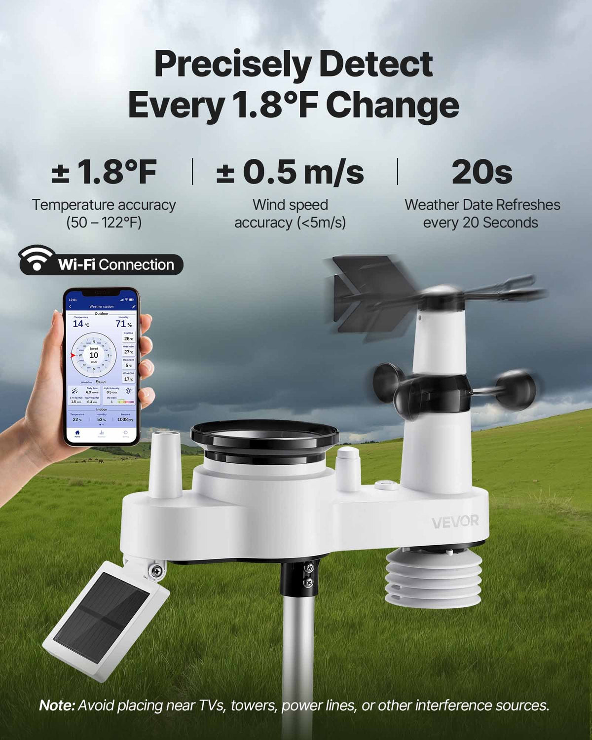7-in-1 Wi-Fi Weather Station, 177.8 mm TFT Display, Wireless Solar Powered Outdoor Sensor, Rain Gauge, Indoor Outdoor for Weather Forecast, Wind Speed Direction, Temperature, Humidity, Rainfall