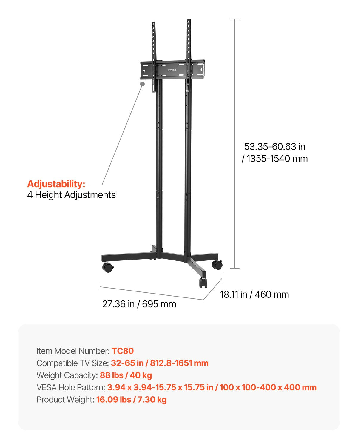 Rullande TV-stativ, mobil TV-vagn för 32-65 tums skärmar, höjdjusterbart, bärbart skärmstativ med hjul, klarar upp till 36 kg för vardagsrum, sovrum, kontor, utomhusbruk, max VESA 400x400 mm