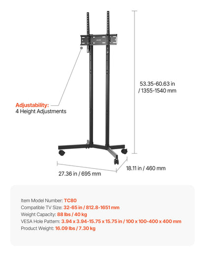 Rullande TV-stativ, mobil TV-vagn för 32-65 tums skärmar, höjdjusterbart, bärbart skärmstativ med hjul, klarar upp till 36 kg för vardagsrum, sovrum, kontor, utomhusbruk, max VESA 400x400 mm