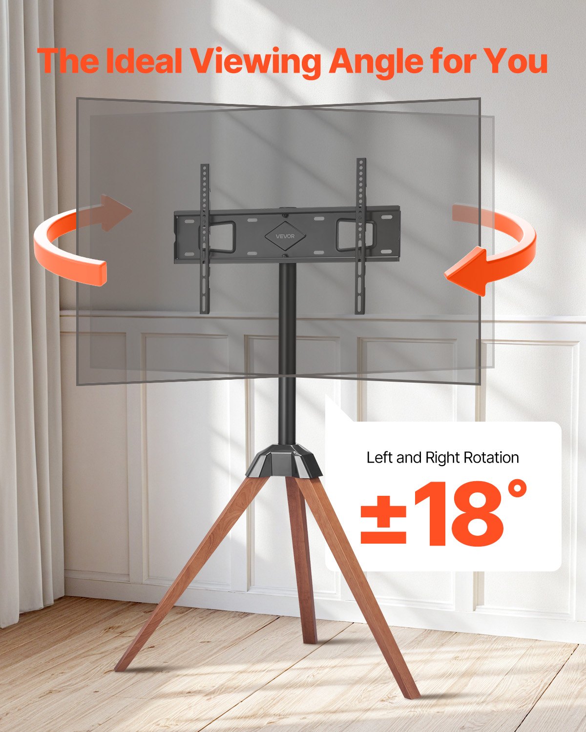 TV-stativ med stativ och staffli, för 40-65 tums platt-TV/böjda TV-apparater upp till 49 kg, 18° vänster-högerrotation, bärbart TV-stativ med ben i ekträ, för sovrum, vardagsrum, studio, MAX VESA 600 x 400 mm