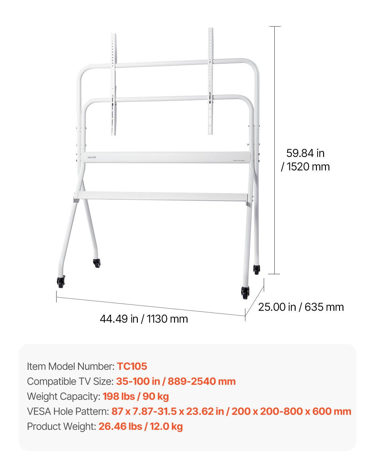 Rullande TV-stativ, mobil TV-vagn för 35-100 tums LED/LCD/OLED platt-/böjda TV-apparater, bärbart skärmstativ med hjul, klarar upp till 198 kg för vardagsrum, sovrum, kontor, utomhusbruk, max VESA 800x600 mm