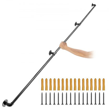 Rörräcke för trappsteg, 335,3 cm trappräcke, 199,6 kg lastkapacitet Ledstång i kolstålsrör, Industriell rörräcke med väggfäste, Runt hörnväggledstång för inomhus- och utomhusbruk