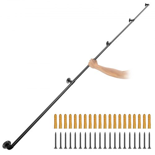 Rörräcke för trappsteg, 396,2 cm trappräcke, 199,6 kg lastkapacitet Ledstång i kolstålsrör, Industriell rörräcke med väggfäste, Runt hörnväggledstång för inomhus- och utomhusbruk