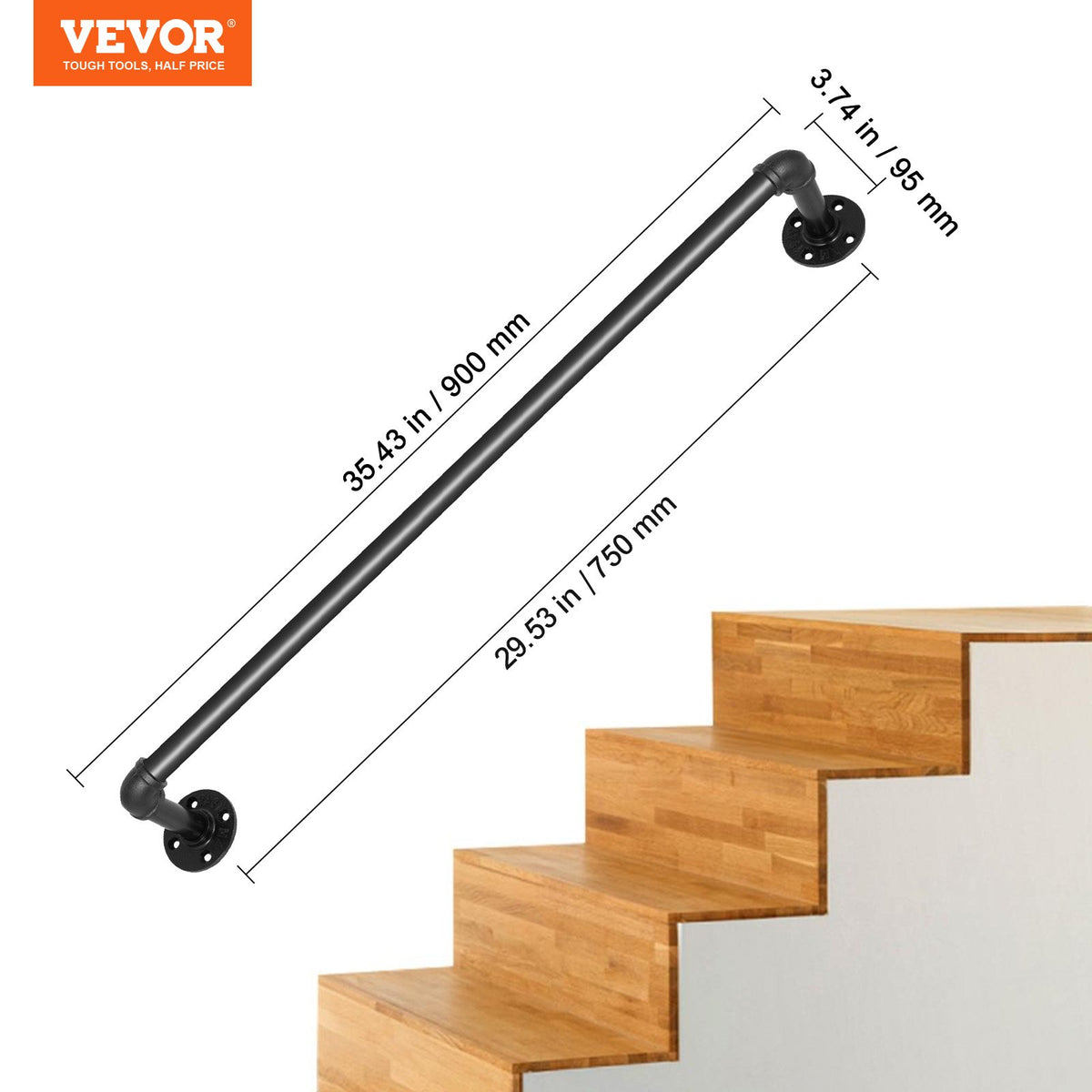 Rörräcke för trappsteg, 91,4 cm trappräcke, 199,6 kg lastkapacitet, ledstång i kolstålsrör, industriellt rörräcke med väggfäste, väggräcken med runda hörn för inomhus- och utomhusbruk