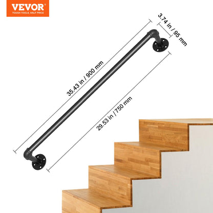 Rörräcke för trappsteg, 91,4 cm trappräcke, 199,6 kg lastkapacitet, ledstång i kolstålsrör, industriellt rörräcke med väggfäste, väggräcken med runda hörn för inomhus- och utomhusbruk