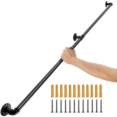 Rörräcke för trappsteg, 121,9 cm trappräcke, 199,6 kg lastkapacitet Ledstång i kolstålsrör, Industriell rörräcke med väggfäste, Runda hörnväggledstänger för inomhus- och utomhusbruk