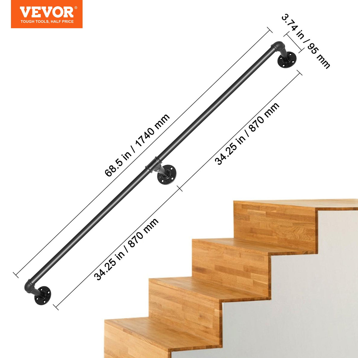 Rörräcke för trappsteg, 182,9 cm trappräcke, 199,6 kg lastkapacitet Ledstång i kolstålsrör, Industriell rörräcke med väggfäste, Runda hörnväggledstänger för inomhus- och utomhusbruk