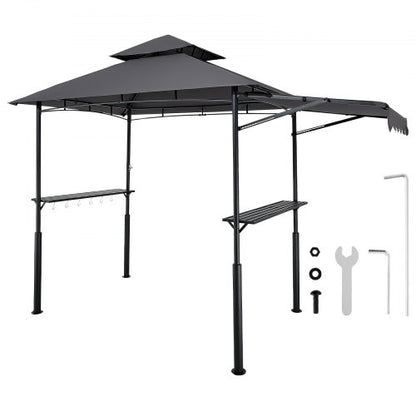 Grill Gazebo, 2.43 x 1.5 m Double-Tiered Top, BBQ Gazebo with Extra Awning, Powder-Coated Steel Patio Grill Shelter with 2 Side Shelves, Bottle Opener & Hooks, Outdoor Grilling Canopy for Garden