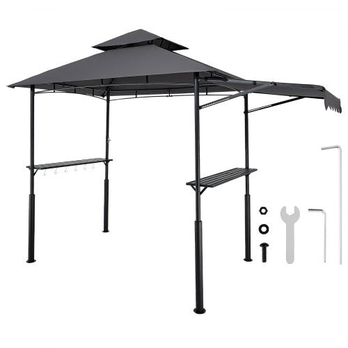 Grillpaviljong, 2,43 x 1,5 m dubbelt tak, grillpaviljong med extra markis, pulverlackerat stålgrilltak med 2 sidohyllor, flasköppnare och krokar, grilltak för trädgården