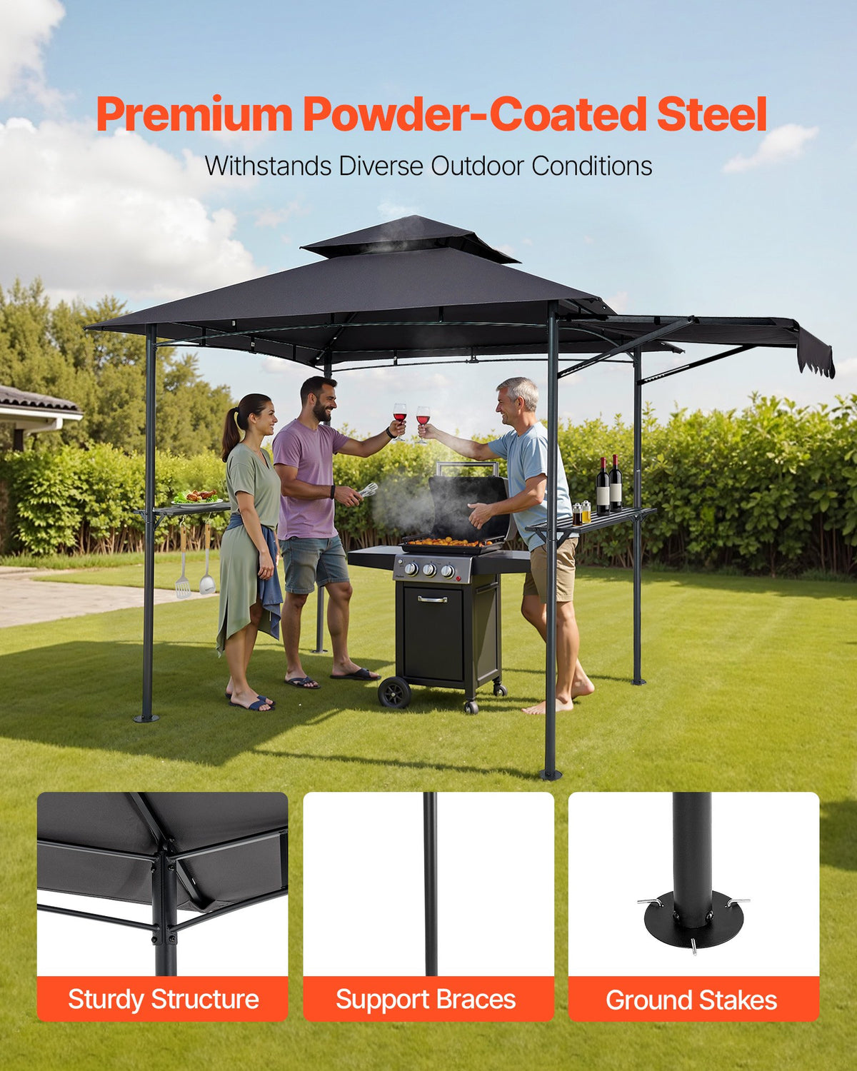 Grill Gazebo, 2.43 x 1.5 m Double-Tiered Top, BBQ Gazebo with Extra Awning, Powder-Coated Steel Patio Grill Shelter with 2 Side Shelves, Bottle Opener & Hooks, Outdoor Grilling Canopy for Garden