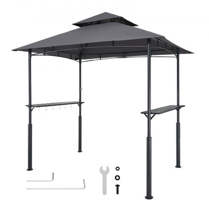 Grill Gazebo, 2.43 x 1.5 m Reinforced Outdoor BBQ Gazebo with Double-Tiered Roof, Powder-Coated Steel Patio Grill Shelter with 2 Side Shelves & 8 Hooks, Grilling Canopy for Patio Backyard Garden