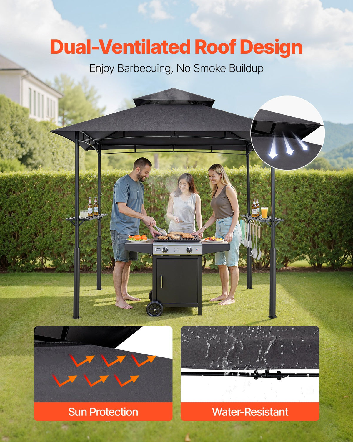 Grill Gazebo, 2.43 x 1.5 m Reinforced Outdoor BBQ Gazebo with Double-Tiered Roof, Powder-Coated Steel Patio Grill Shelter with 2 Side Shelves & 8 Hooks, Grilling Canopy for Patio Backyard Garden