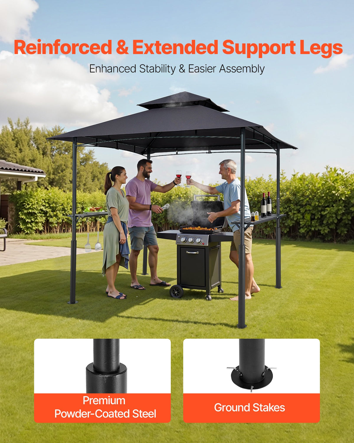 Grill Gazebo, 2.43 x 1.5 m Reinforced Outdoor BBQ Gazebo with Double-Tiered Roof, Powder-Coated Steel Patio Grill Shelter with 2 Side Shelves & 8 Hooks, Grilling Canopy for Patio Backyard Garden