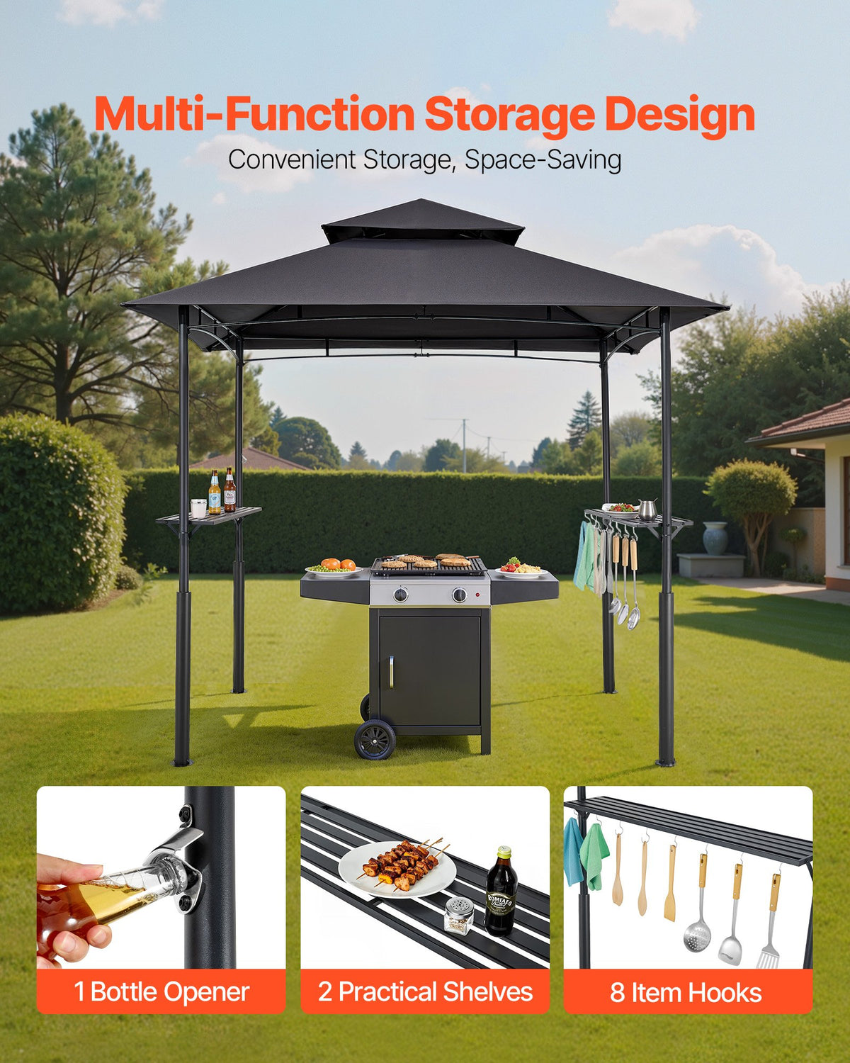 Grill Gazebo, 2.43 x 1.5 m Reinforced Outdoor BBQ Gazebo with Double-Tiered Roof, Powder-Coated Steel Patio Grill Shelter with 2 Side Shelves & 8 Hooks, Grilling Canopy for Patio Backyard Garden