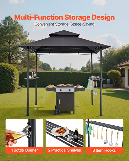 Grill Gazebo, 2.43 x 1.5 m Reinforced Outdoor BBQ Gazebo with Double-Tiered Roof, Powder-Coated Steel Patio Grill Shelter with 2 Side Shelves & 8 Hooks, Grilling Canopy for Patio Backyard Garden