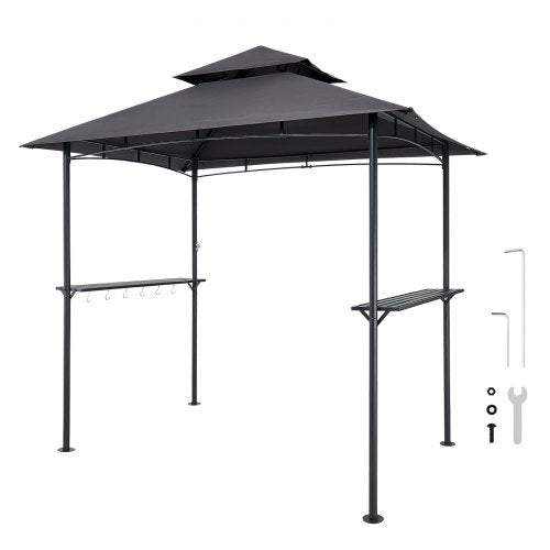 Grillpaviljong, 2,43 x 1,5 m utomhusgrillpaviljong med dubbelt tak, pulverlackerat stålgrilltak med 2 sidohyllor och 8 krokar, grilltak för uteplats, trädgård, picknick