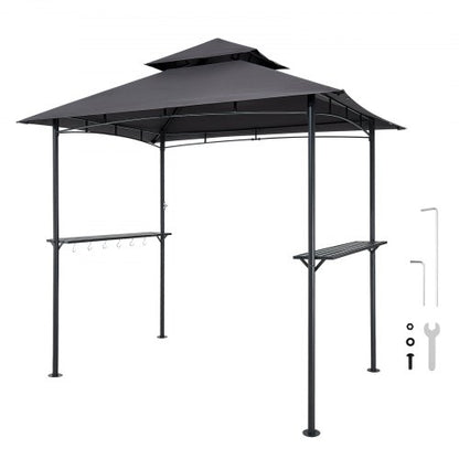 Grillpaviljong, 2,43 x 1,5 m utomhusgrillpaviljong med dubbelt tak, pulverlackerat stålgrilltak med 2 sidohyllor och 8 krokar, grilltak för uteplats, trädgård, picknick