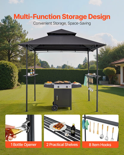 Grillpaviljong, 2,43 x 1,5 m utomhusgrillpaviljong med dubbelt tak, pulverlackerat stålgrilltak med 2 sidohyllor och 8 krokar, grilltak för uteplats, trädgård, picknick
