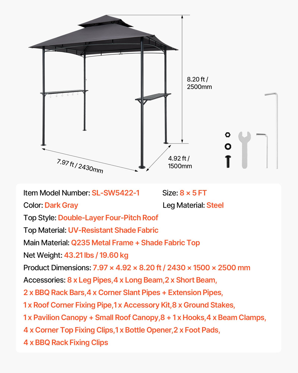 Grillpaviljong, 2,43 x 1,5 m utomhusgrillpaviljong med dubbelt tak, pulverlackerat stålgrilltak med 2 sidohyllor och 8 krokar, grilltak för uteplats, trädgård, picknick