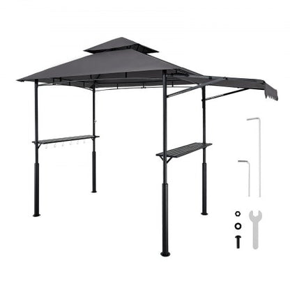 Grill Gazebo, 2.43 x 1.5 m Double-Tiered Top, Reinforced BBQ Gazebo with Extra Awning, Powder-Coated Steel Patio Grill Shelter with 2 Side Shelves & Hooks, Outdoor Grilling Canopy for Garden