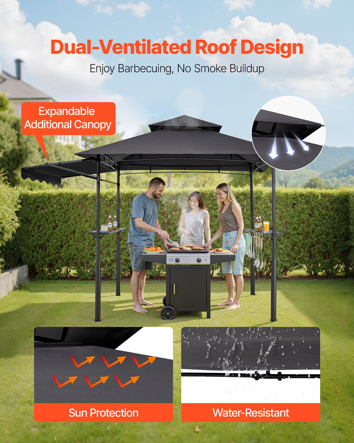 Grill Gazebo, 2.43 x 1.5 m Double-Tiered Top, Reinforced BBQ Gazebo with Extra Awning, Powder-Coated Steel Patio Grill Shelter with 2 Side Shelves & Hooks, Outdoor Grilling Canopy for Garden