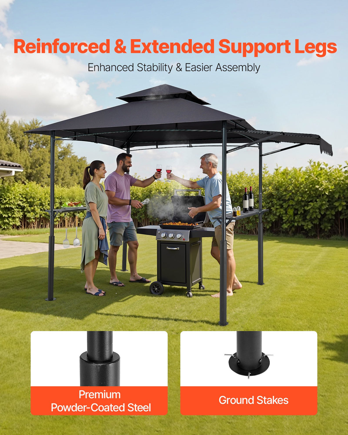 Grill Gazebo, 2.43 x 1.5 m Double-Tiered Top, Reinforced BBQ Gazebo with Extra Awning, Powder-Coated Steel Patio Grill Shelter with 2 Side Shelves & Hooks, Outdoor Grilling Canopy for Garden