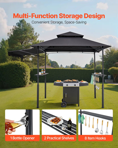 Grill Gazebo, 2.43 x 1.5 m Double-Tiered Top, Reinforced BBQ Gazebo with Extra Awning, Powder-Coated Steel Patio Grill Shelter with 2 Side Shelves & Hooks, Outdoor Grilling Canopy for Garden