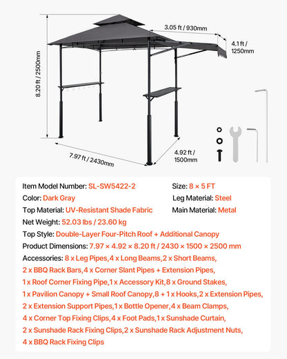 Grill Gazebo, 2.43 x 1.5 m Double-Tiered Top, Reinforced BBQ Gazebo with Extra Awning, Powder-Coated Steel Patio Grill Shelter with 2 Side Shelves & Hooks, Outdoor Grilling Canopy for Garden