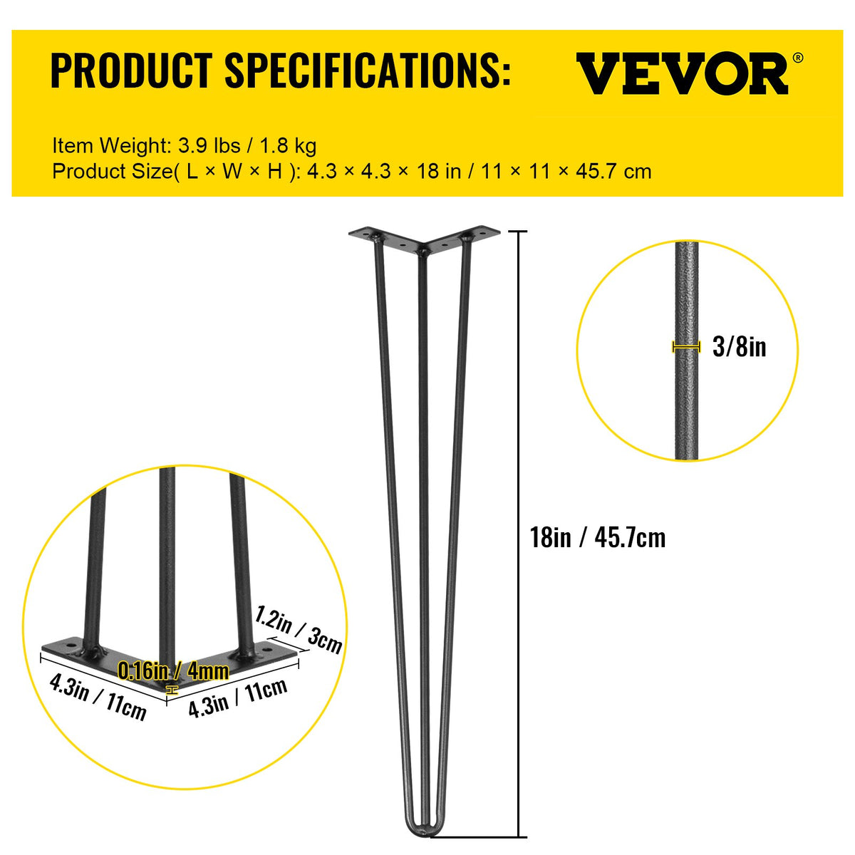 Hairpin Table Legs 45.7 cm Black Set of 4 Desk Legs Each 99.8 kg Capacity Hairpin Desk Legs 3 Rods for Bench Desk Dining End Table Chairs Carbon Steel DIY Table Legs Heavy Duty Furniture Legs