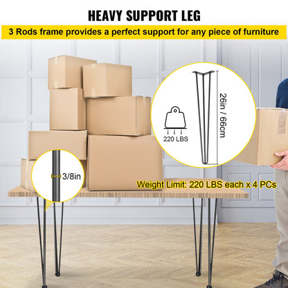Hairpin Table Legs 26 inch Black Set of 4 Desk Legs Each 220lbs Capacity Hairpin Desk Legs 3 Rods for Bench Desk Dining End Table Chairs Carbon Steel DIY Table Legs Heavy Duty Furniture Legs