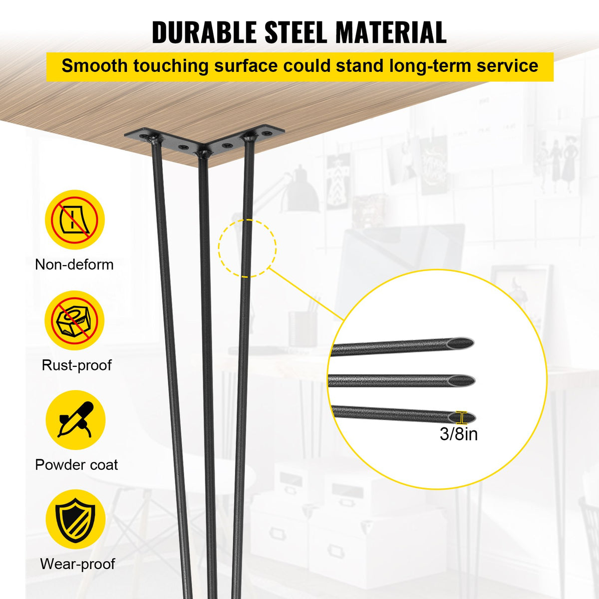 Hairpin Table Legs 26 inch Black Set of 4 Desk Legs Each 220lbs Capacity Hairpin Desk Legs 3 Rods for Bench Desk Dining End Table Chairs Carbon Steel DIY Table Legs Heavy Duty Furniture Legs