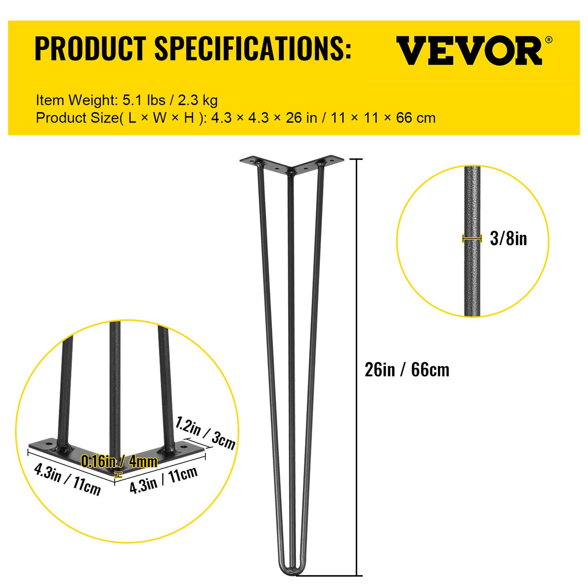 Hairpin Table Legs 26 inch Black Set of 4 Desk Legs Each 220lbs Capacity Hairpin Desk Legs 3 Rods for Bench Desk Dining End Table Chairs Carbon Steel DIY Table Legs Heavy Duty Furniture Legs