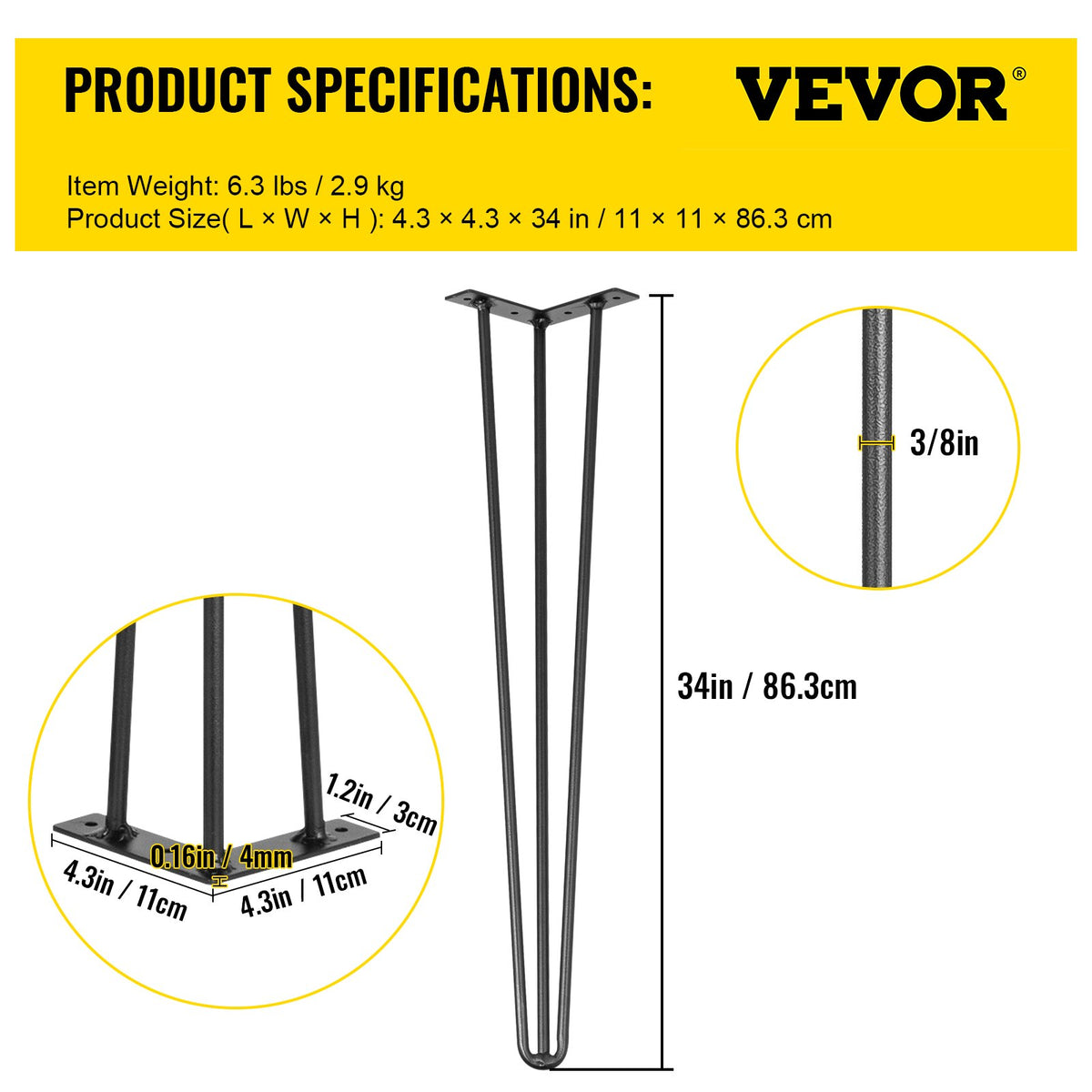 Hårnålsben 86,4 cm svarta set med 4 skrivbordsben vardera 99,8 kg kapacitet Hårnålsben 3 stänger för bänkskrivbord matbordssidobordsstolar kolstål gör-det-själv-bordsben kraftiga möbelben