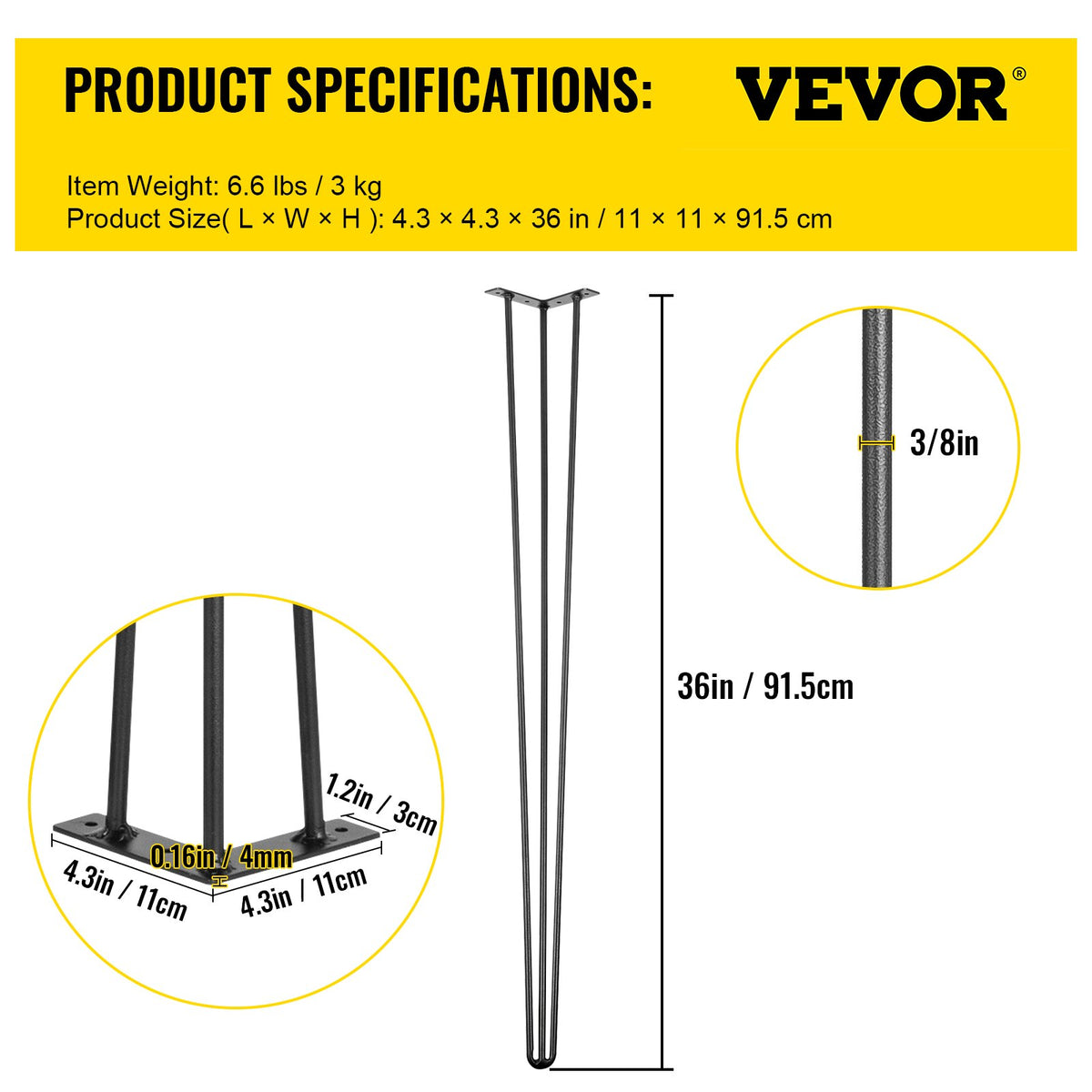 Hårnålsben 91,4 cm svarta set med 4 skrivbordsben 399,2 kg lastkapacitet (99,8 kg vardera) Hårnålsben 3 stänger för bänkskrivbord matbordssidobord stolar kolstål gör-det-själv kraftiga möbelben